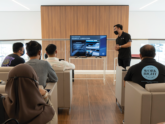 Assistant Product and Market Development Manager Ahmad Sajjaad Haji Rusli presents F-PACE SVR to an audience member comprising of members of the media at the Indera Motors Showroom